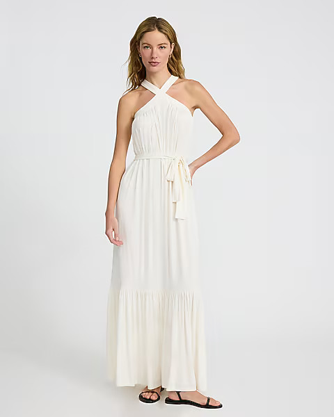 Halter Sleeveless Tie Waist Maxi Dress | Express