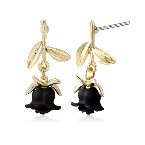 Gold Dangle Flower Earrings for Women with Black Rose Dangle Leaf Floral Earrings Plant Jewelry | Amazon (US)