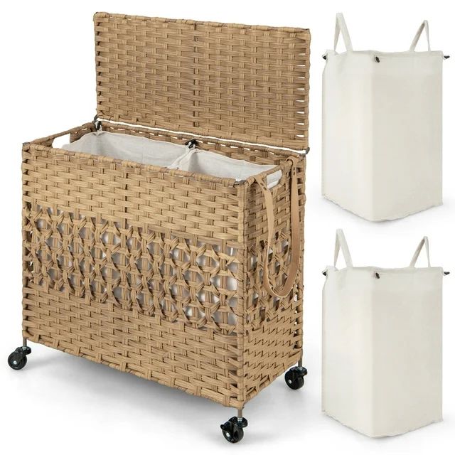 Costway 110L Laundry Hamper with Wheels Clothes Basket Lid & Handle & 2 Liner Bags Natural | Walmart (US)