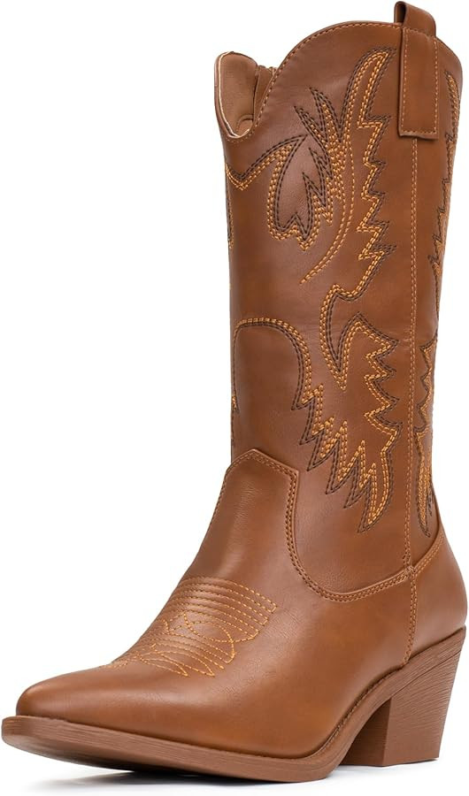 IUV Cowboy Boots For Women Western Boots Cowgirl Boots Pull On Pointy Toe Mid Calf Boots | Amazon (US)