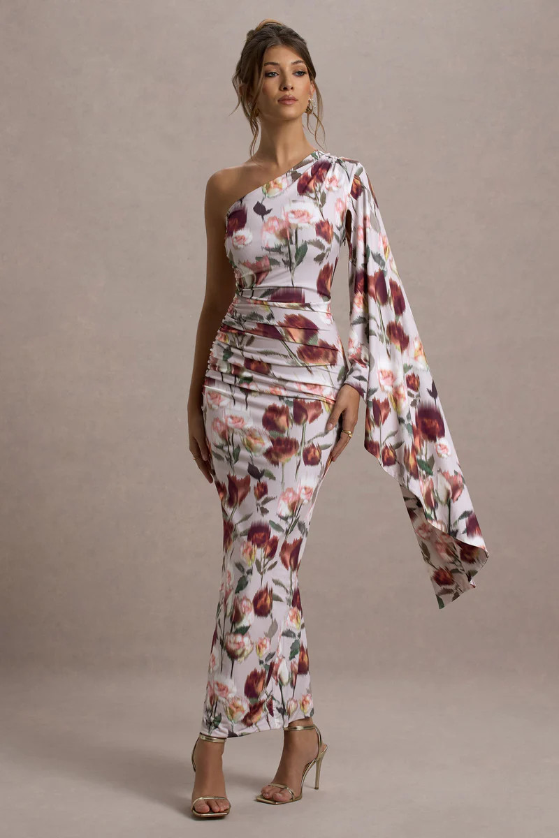 Clementina  Cream Floral Print Asymmetric Cape Sleeve Maxi Dress | Club L London