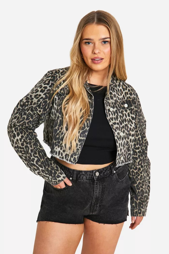 Plus Cropped Oversized Leopard Denim Jacket | boohoo (US & Canada)