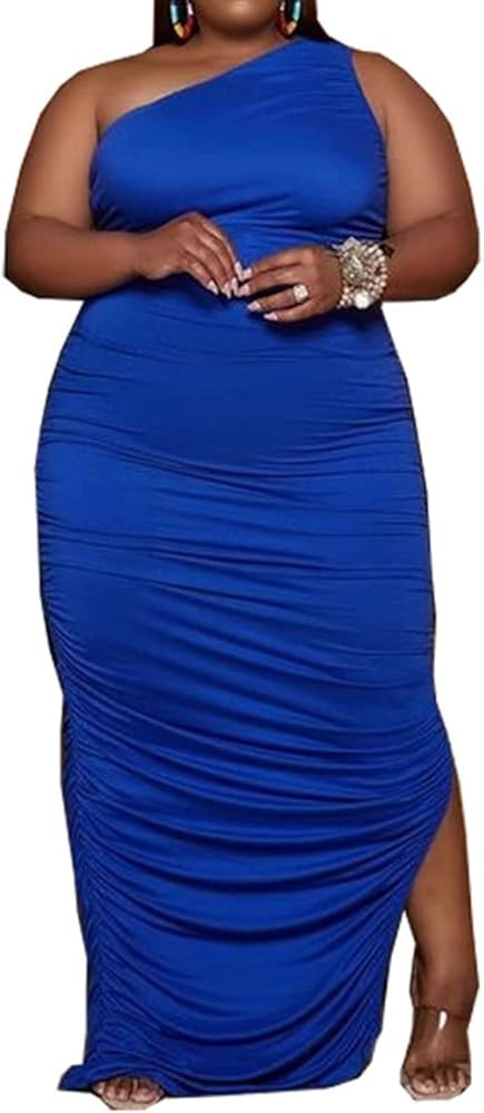 Womens Sexy Plus Size One Off Shoulder Sleeveless Bodycon Ruched Evening Pencil Party Maxi Dresss | Amazon (US)