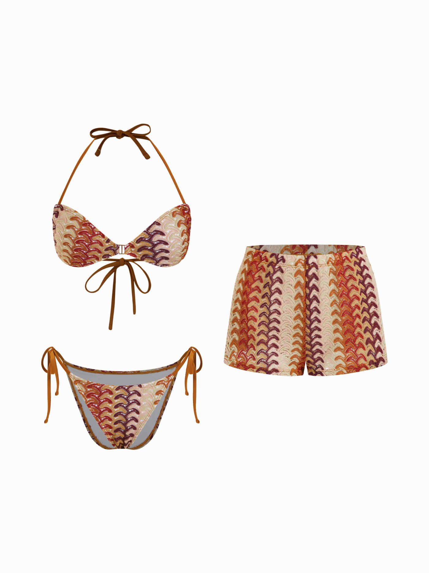 Knit Fabric Halter Neckline Wave Triangle Tie Side Bikini Set With Cover Up Shorts For Vacation H... | Cider