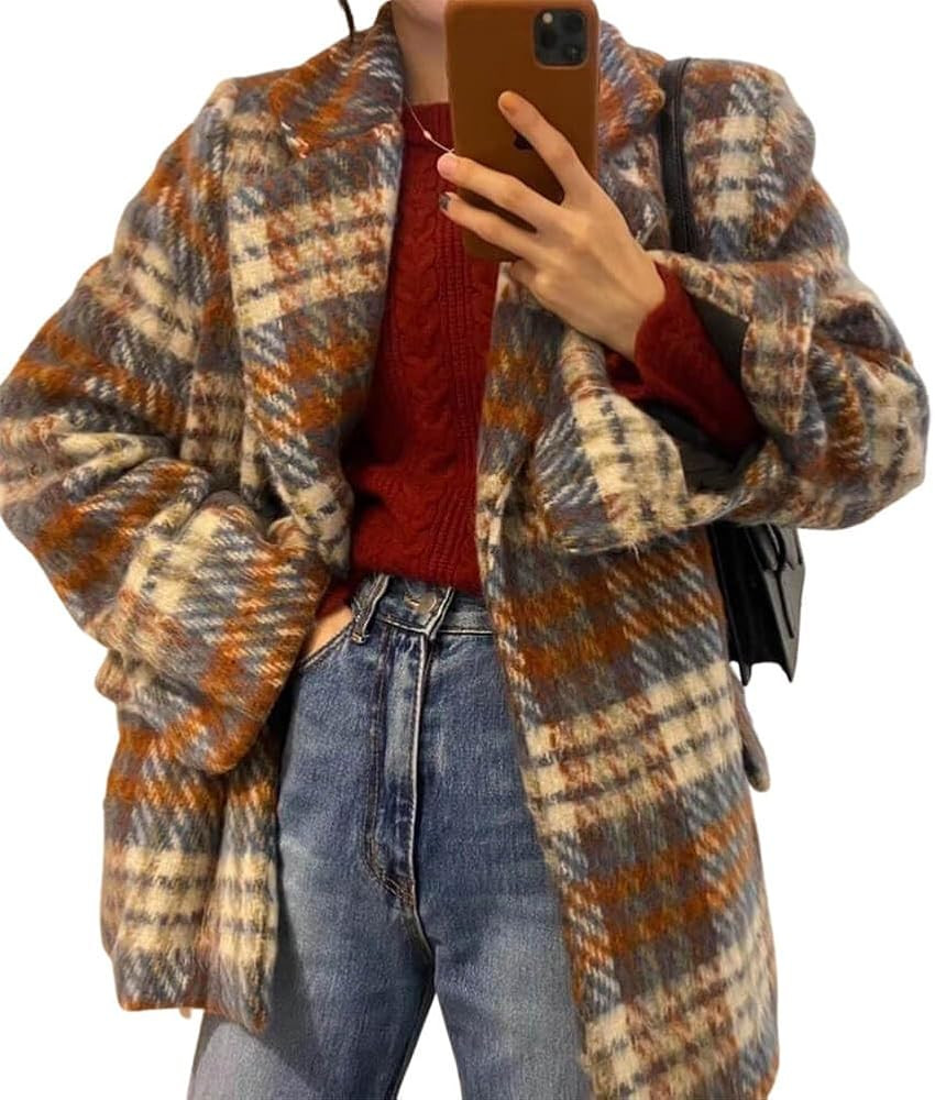 CHARTOU Women's Wool Blend Coat Tailored Collar Tartan Blazer Jacket Plaid Quilted Warm Winter Mi... | Amazon (US)