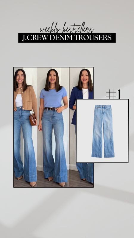 #1 bestseller - jcrew denim trousers 

• I’m wearing size 25 in the classic length in the chambray wash, I opted for the petite length in the white wash (to wear with a lower heel), I’m 5’4” for reference 
• available in 6 washes 
• great pair of wide leg/flare work jeans 

#LTKWorkwear #LTKStyleTip