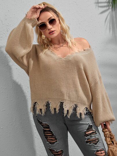 Plus Deep V-neck Bishop Sleeve Distressed Sweater | SHEIN