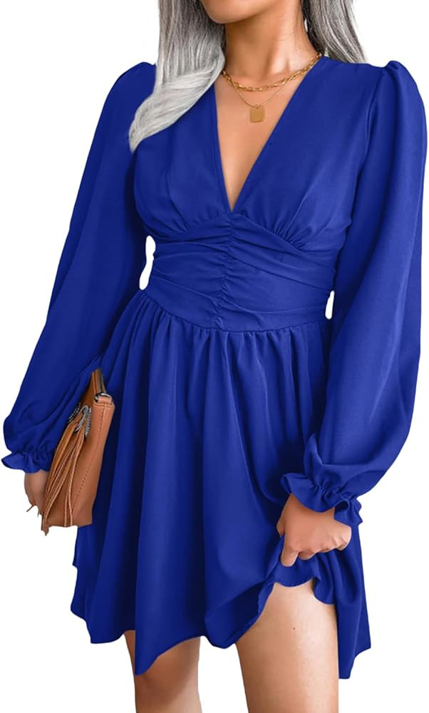 Dokotoo Womens Dresses 2023 Deep V Neck Long Puff Sleeve Ruched Elastic Waist A-Line Swing Mini D... | Amazon (US)