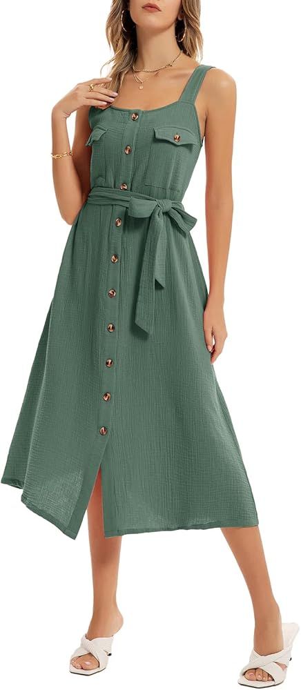 GRACE KARIN Women's Casual Beach Summer Dresses Cotton Flattering A-Line Tie Spaghetti Strap Button  | Amazon (US)