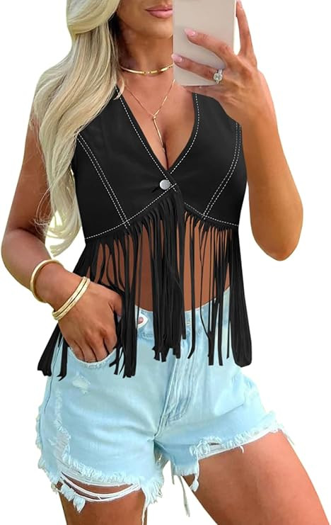 Imily Bela Womens Fringe Vest 70s Hippie Sleeveless Cowboy Western Outfit V Neck Tassel Crop Vest... | Amazon (US)