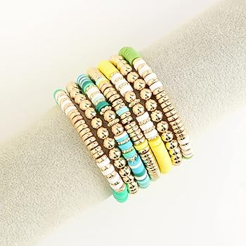 Surfer Heishi Clay Bead Bracelets for Women Bohemian Stackable Evil Eye Vinyl Disc Beaded Stretch Br | Amazon (US)
