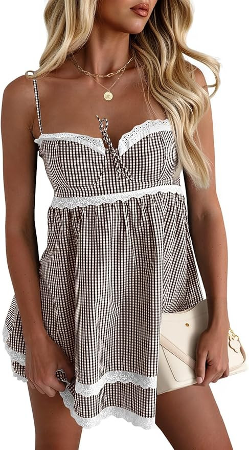 Wenrine Womens Summer Mini Dress Spaghetti Strap Sweetheart Y2K Plaid Lace Trim Tiered Beach Sund... | Amazon (US)