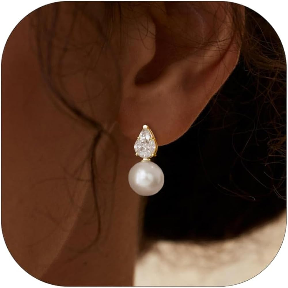 Pearl Drop Earrings for Women, Dainty Wedding Bridal Earrings 14k Gold Plated CZ Pearl Earrings f... | Amazon (US)