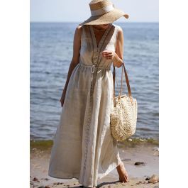 V-Neck Buttoned Sleeveless Dress in Linen | Chicwish