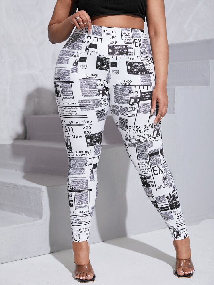 SHEIN SXY Plus Newspaper Print Leggings | SHEIN