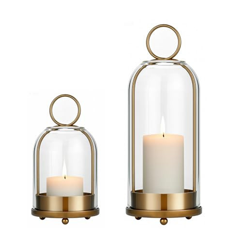 Havmorph 5"&4" Hurricane Glass Candle Holders, Hanging Brass Metal Candle Holder for Pillar Candles Table Coffee Table Decor Interior Decoration | Amazon (US)