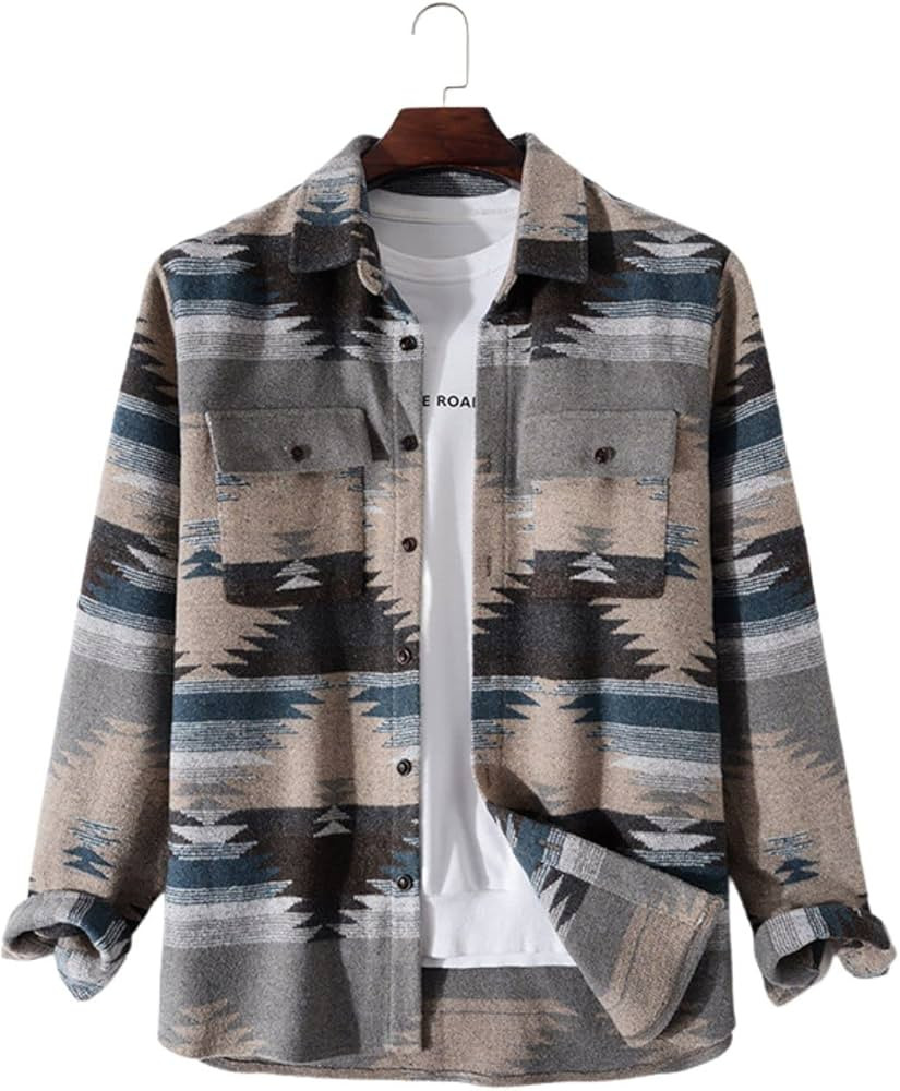 FindThy Men’s Brushed Flannel Shirts Ethnic Aztec Print Button Up Lapel Tribal Shirt Jacket Shacket | Amazon (US)