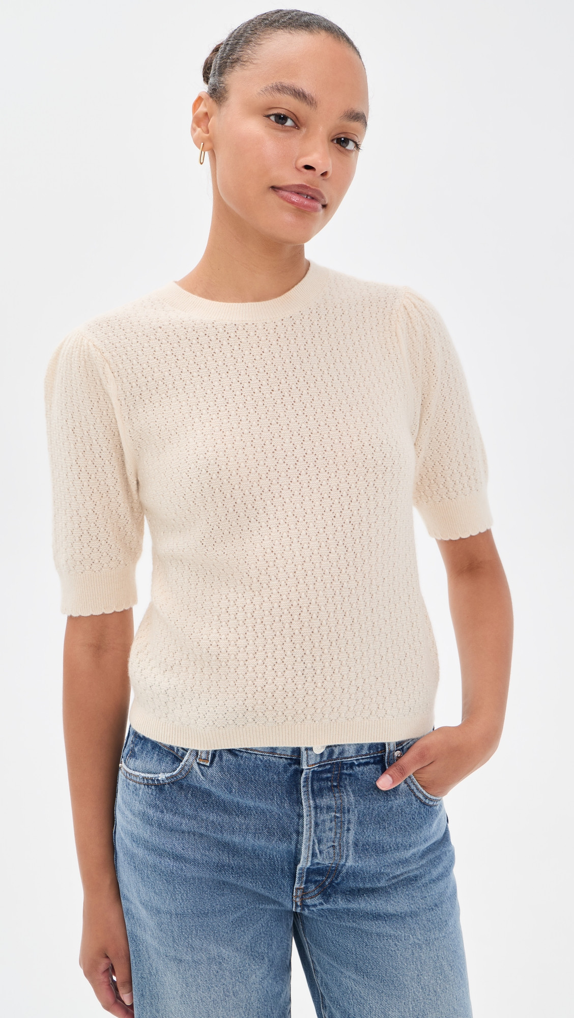 FRAME The Gathered Honeycomb Cashmere Sweater Cream L | Shopbop