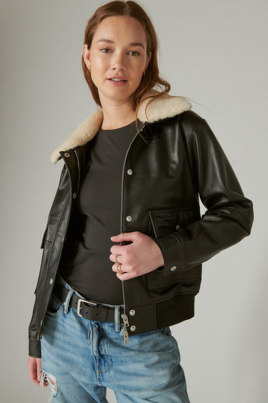 SHEARLING COLLAR LEATHER BOMBER JACKET | Lucky Brand