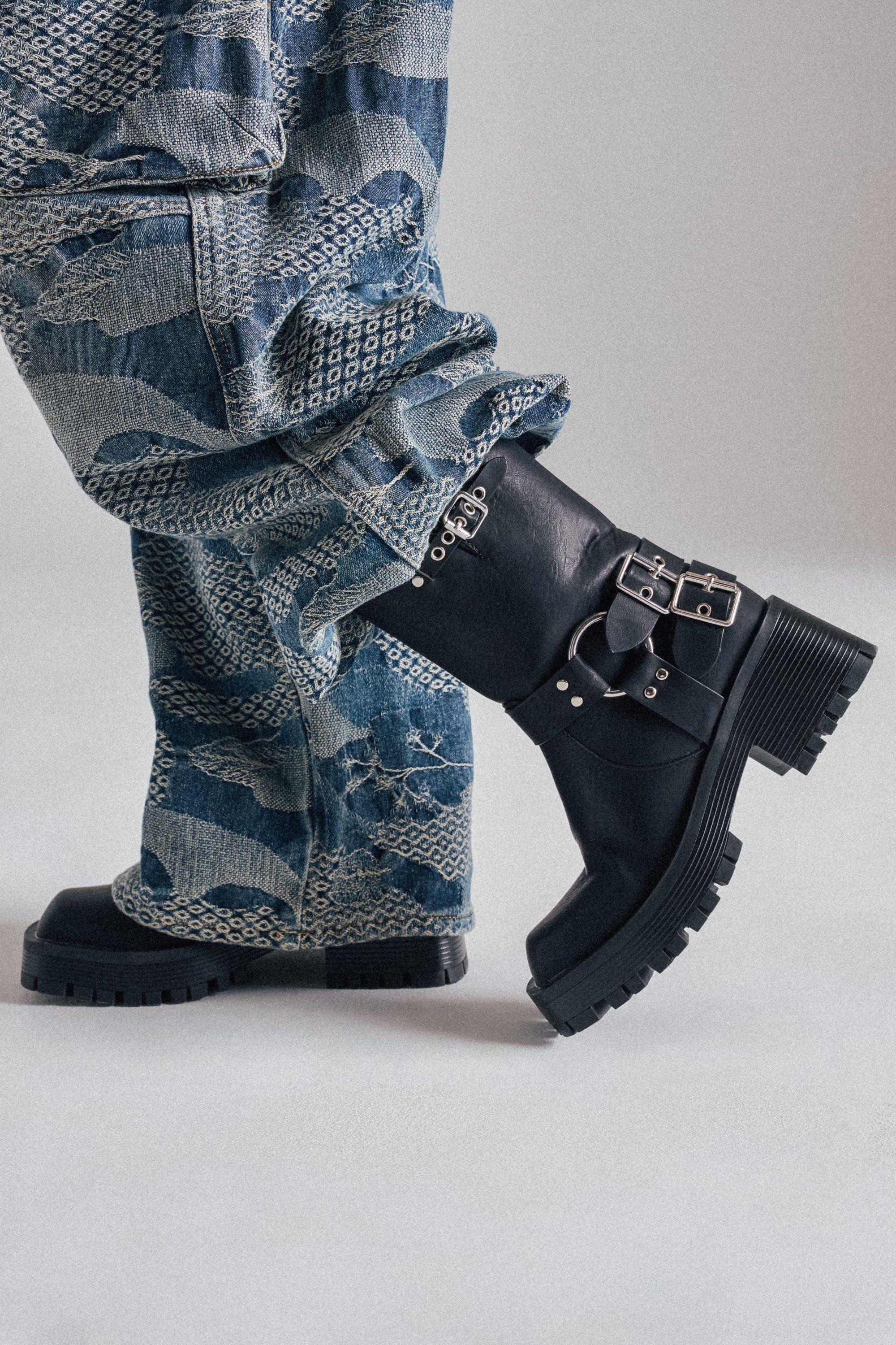 AZALEA WANG BUCKED BLACK CHUNKY HEEL COMBAT BOOTIE | AKIRA