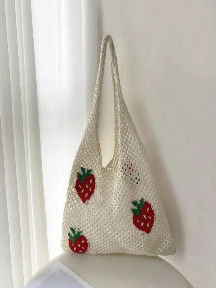 Cute Cartoon Strawberry Pattern Crochet Bag Hollow Out Detail Vacation Style, Large Capacity Bag ... | SHEIN