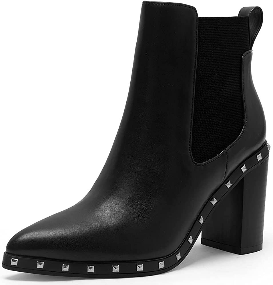 Amazon.com | Women's Ankle Boots Pointed Toe Chelsea Boots Elastic Gore Heeled Boots Black | Ankl... | Amazon (US)