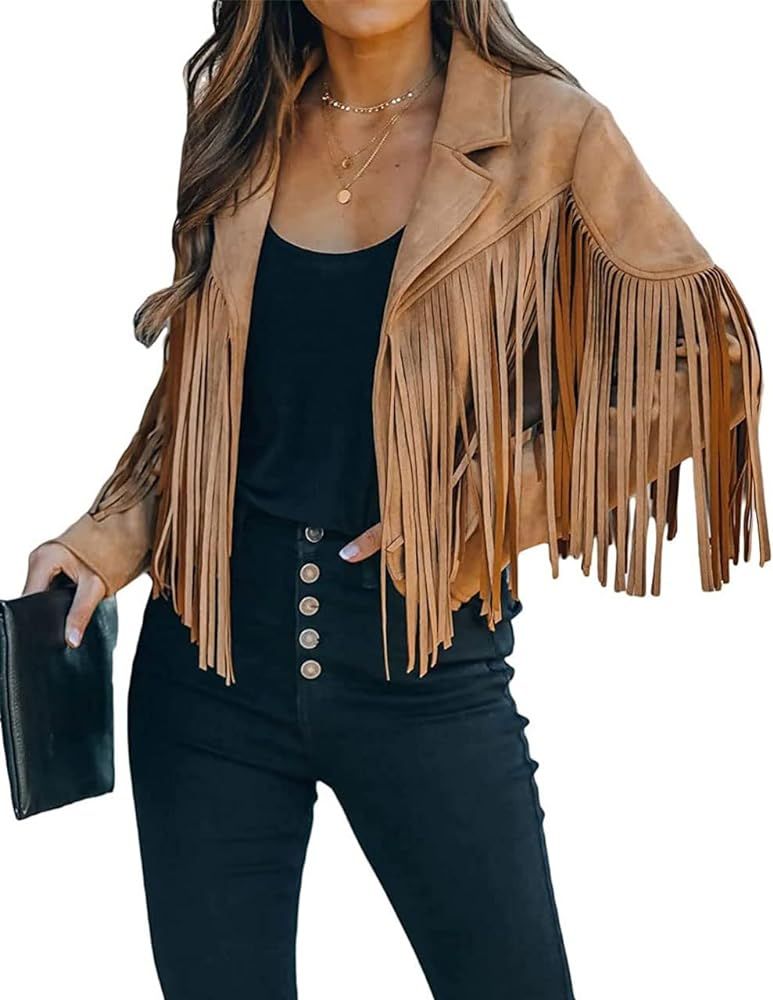ebossy Women's Suede Fringe Jacket Long Sleeve Slim Faux Leather Boyfriend Cropped Top with Tassl... | Amazon (US)