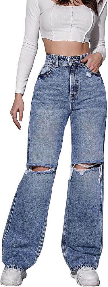 SweatyRocks Women's High Waist Ripped Straight Leg Jeans Boyfriend Style Distressed Denim Pants w... | Amazon (US)