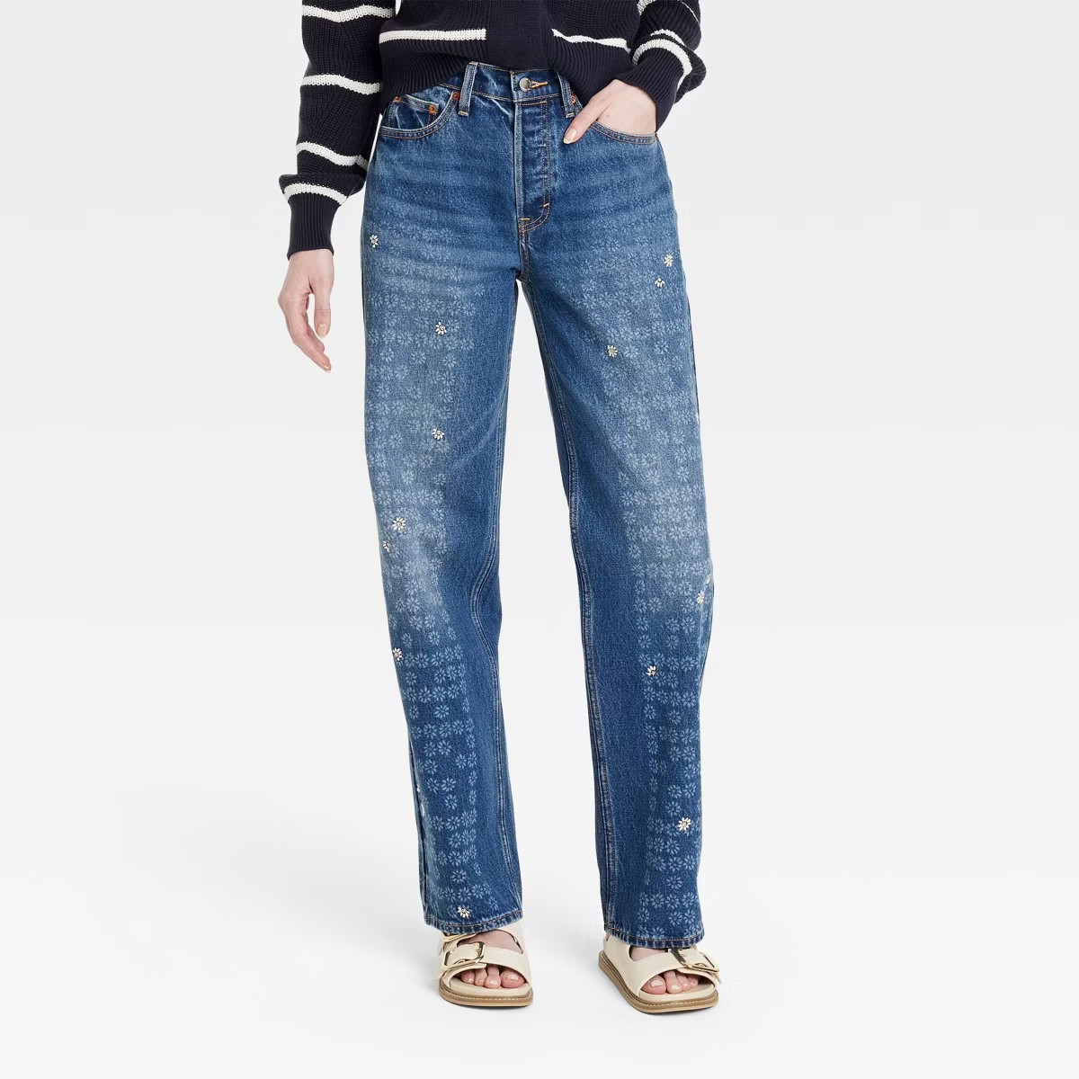 Women's Mid-Rise Embroidered Daisy Baggy Jeans - Universal Thread™ Medium Wash | Target