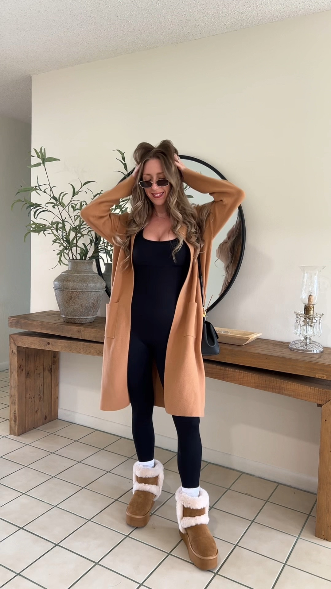 Simple fall outfit 
Cozy outfit 
Comfy outfit 
Amazon outfit 
Long cardigan and black bodysuit 
Affordable Ugg inspired fuzzy boots 
Thanksgiving outfit 
Christmas outfit 

#LTKSeasonal #LTKHoliday #LTKVideo