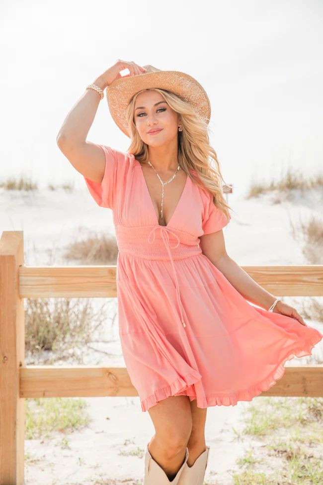Urban Cowgirl Coral V-Neck Smocked Dress | Pink Lily