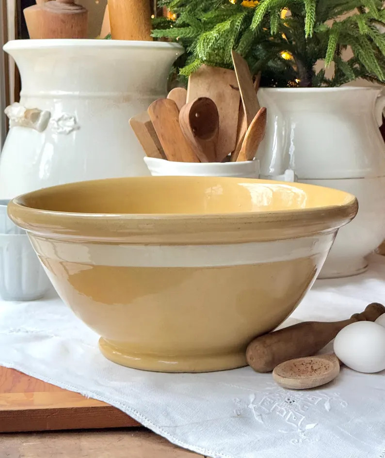 Antique Large Yellowware Stoneware Mixing Dough Bowl White Band Yellow Ware Farmhouse Kitchen - E... | Etsy (US)