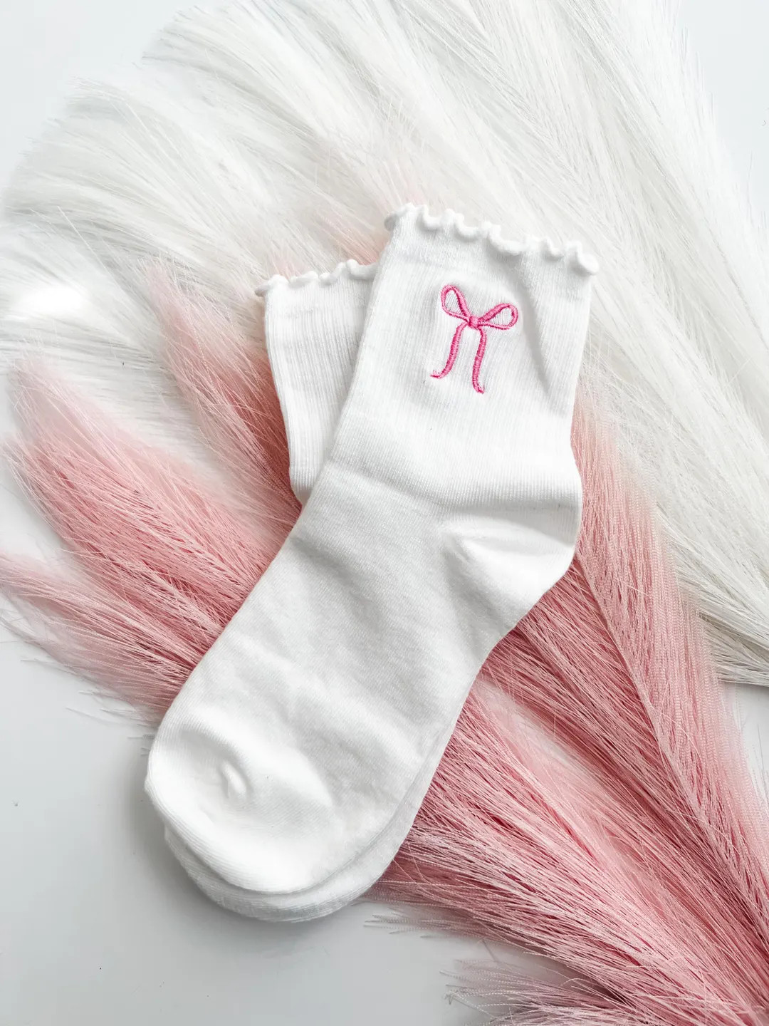 Women’s Embroidered Bow Ruffle Socks/White/Pink/Accessories/Women’s/Girlie/Coquette | Etsy (US)