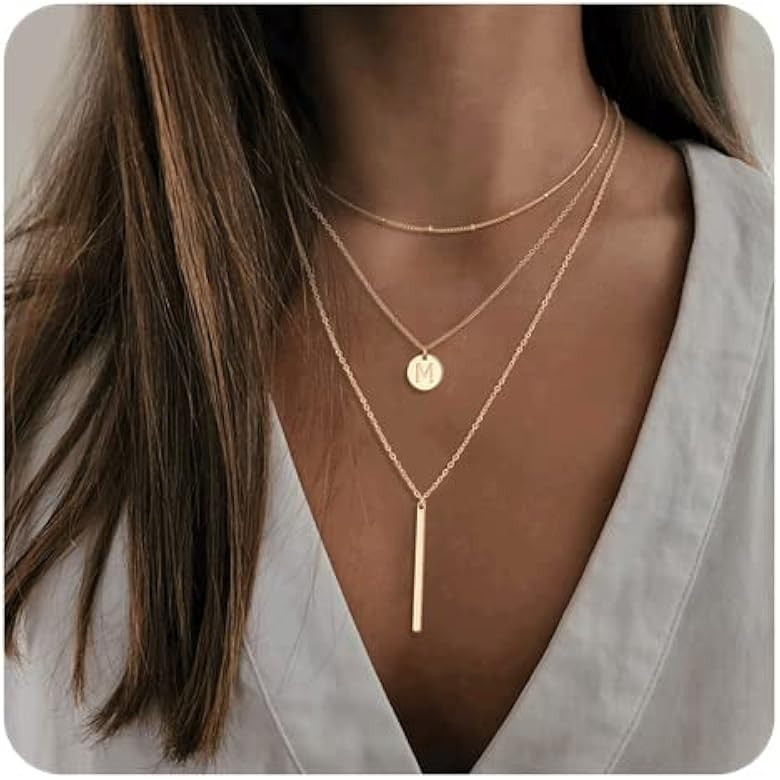 Gold Initial Layered Necklaces for Women, 14K Gold Plated Coin Letter Necklace Skinny Bar Stackin... | Amazon (US)