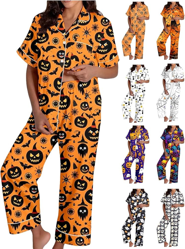 Womens Halloween Pajamas Short Sleeve Shirts Matching Elastic Waist Pants Pumpkin Cute Pjs Sets S... | Amazon (US)
