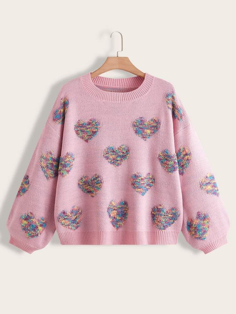 Plus Heart Pattern Drop Shoulder Sweater | SHEIN