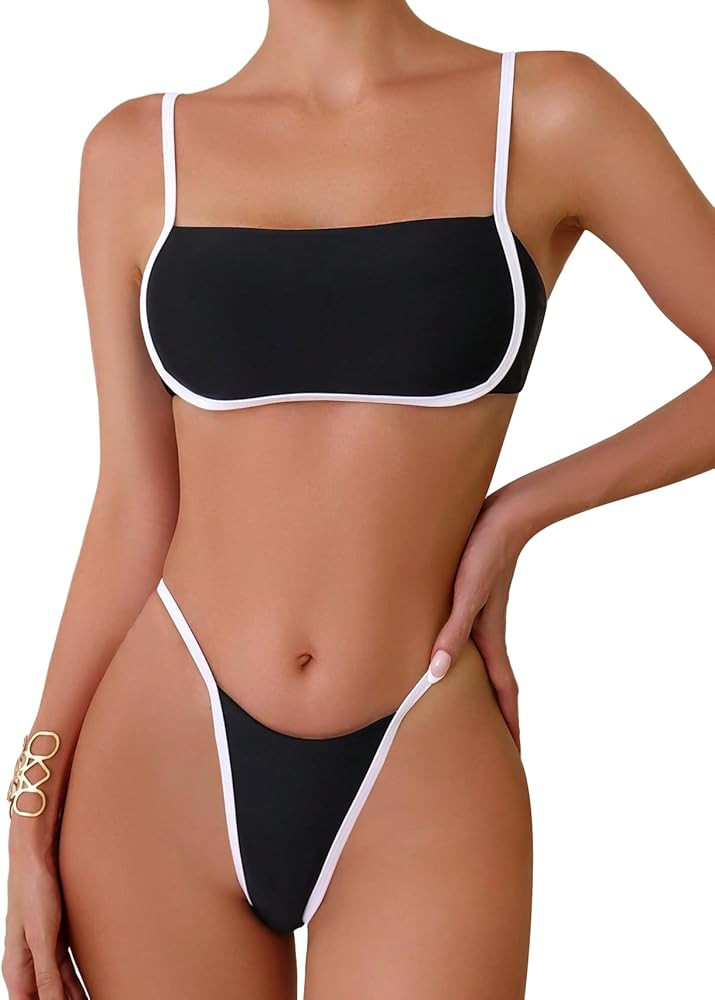 Lilosy Cute Flamingo Striped Side Tie Ruffle Strap Knotted Front Bikini Swimsuit Set Women Tie Ba... | Amazon (US)