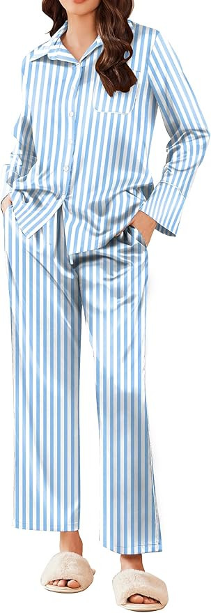 Ekouaer Silk Pajamas for Women Satin Pajama Sets Button Down Lounge Sets Silky Pajama Long Pants ... | Amazon (US)