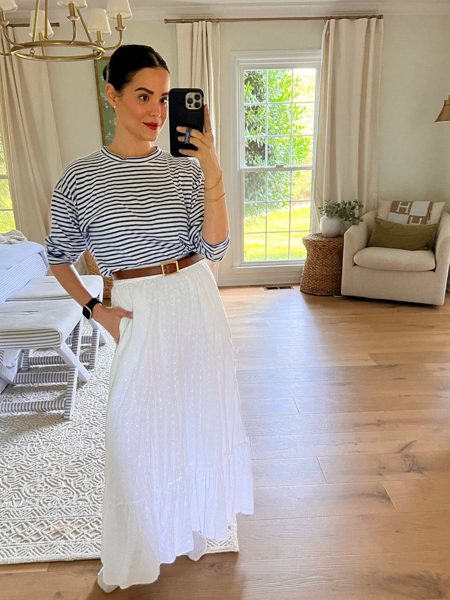 Striped shirt XS : white eyelet Amazon skirt XS