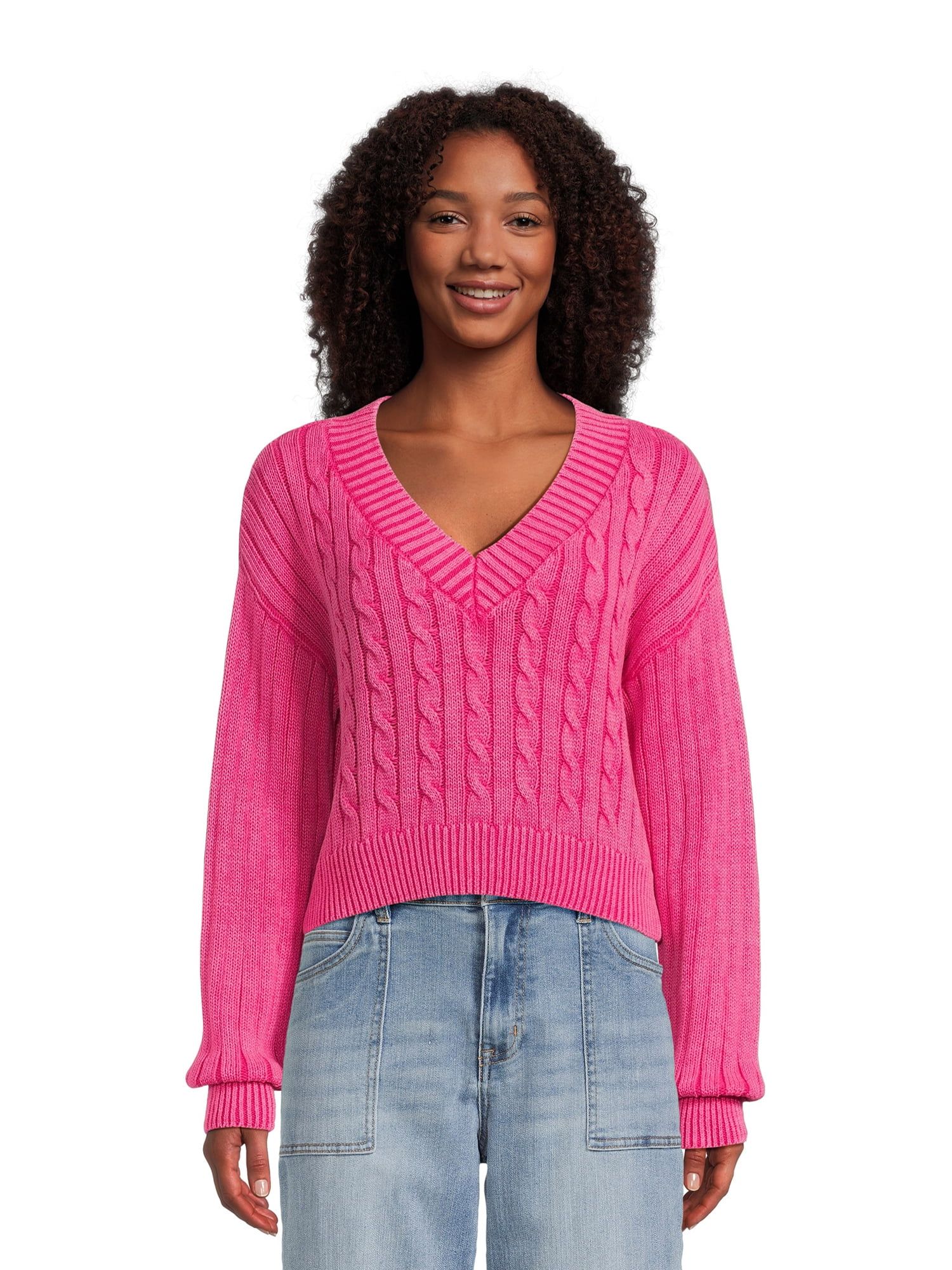 Madden NYC Juniors Cable Knit V-Neck Pullover Sweater, Midweight, Sizes XS-3XL | Walmart (US)