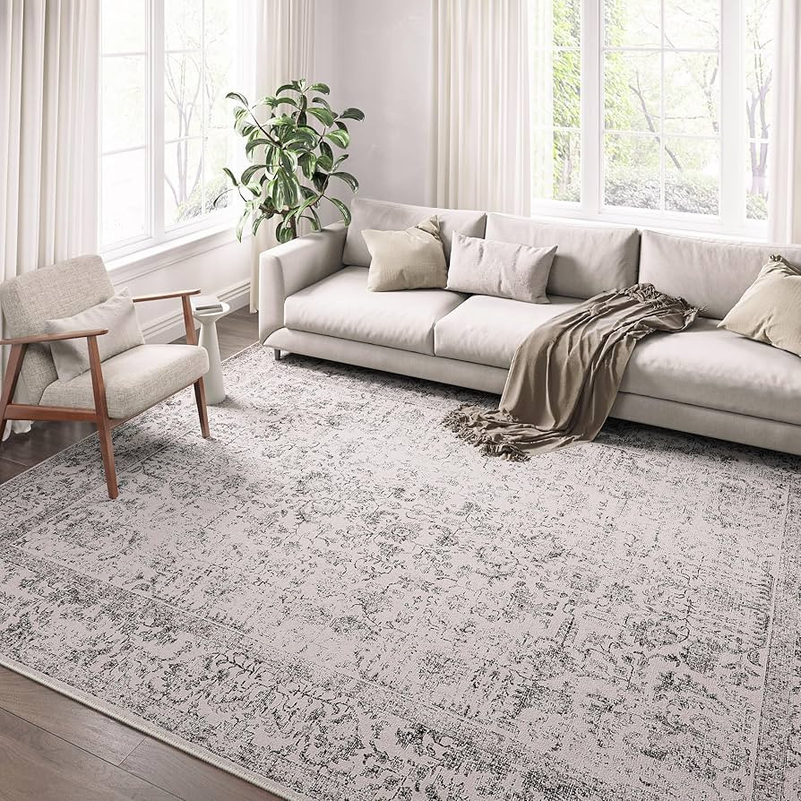 Grey Area Rug 5x7 Indoor Vintage Living Room Carpet Kitchen Washable Distressed Rug Gray Floral B... | Amazon (US)