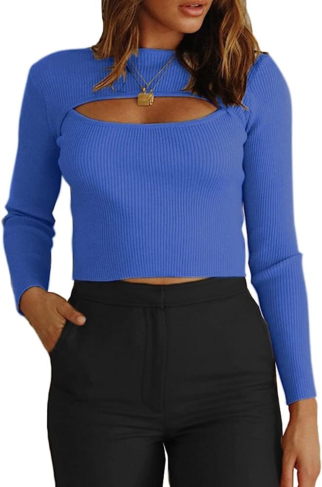 CHYRII Women's Cutout Long Sleeve Knitted Ribbed Pullover Sweater Jumper Tops | Amazon (US)