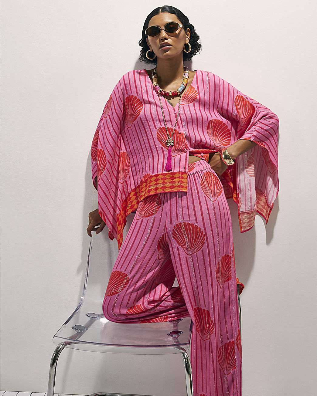 Pink Shell Print Wide Leg Trousers | River Island UK & IE