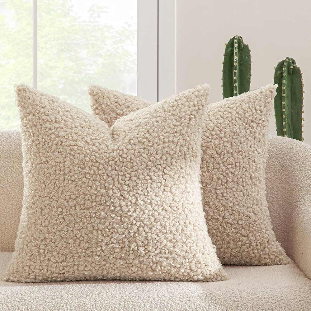 MIULEE Pack of 2 Faux Fur Throw Pillow Covers 18x18 Inch Neutral Oatmeal Boucle Decorative Sherpa... | Amazon (US)
