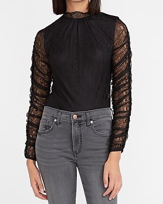 Lace Ruched Sleeve Mock Neck Top | Express