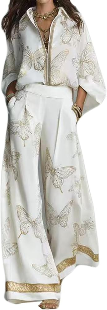 Hotheart Womens Sexy 2 Pieces Floral Print Zipper Shirt Top Wide Leg Pants Set Casual Tracksuit O... | Amazon (US)