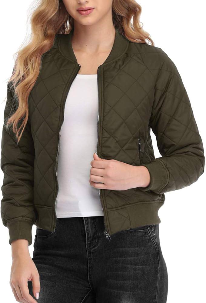 andy & natalie Women's Quilted Jacket Long Sleeve Zip up Raglan Bomber Jacket with Pockets | Amazon (US)