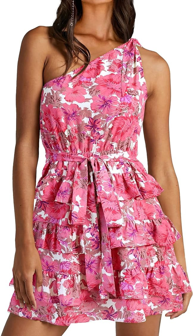 BTFBM 2024 Women One Shoulder Casual Summer Dresses Floral Boho High Waist Beach Ruffle Tiered A Line Flowy Mini Dress | Amazon (US)