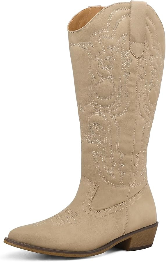 mysoft Women's Wide Calf Cowboy Boots Pull on Cowgirl Embroidered Mid Calf Pointed Toe Chunky Hee... | Amazon (US)