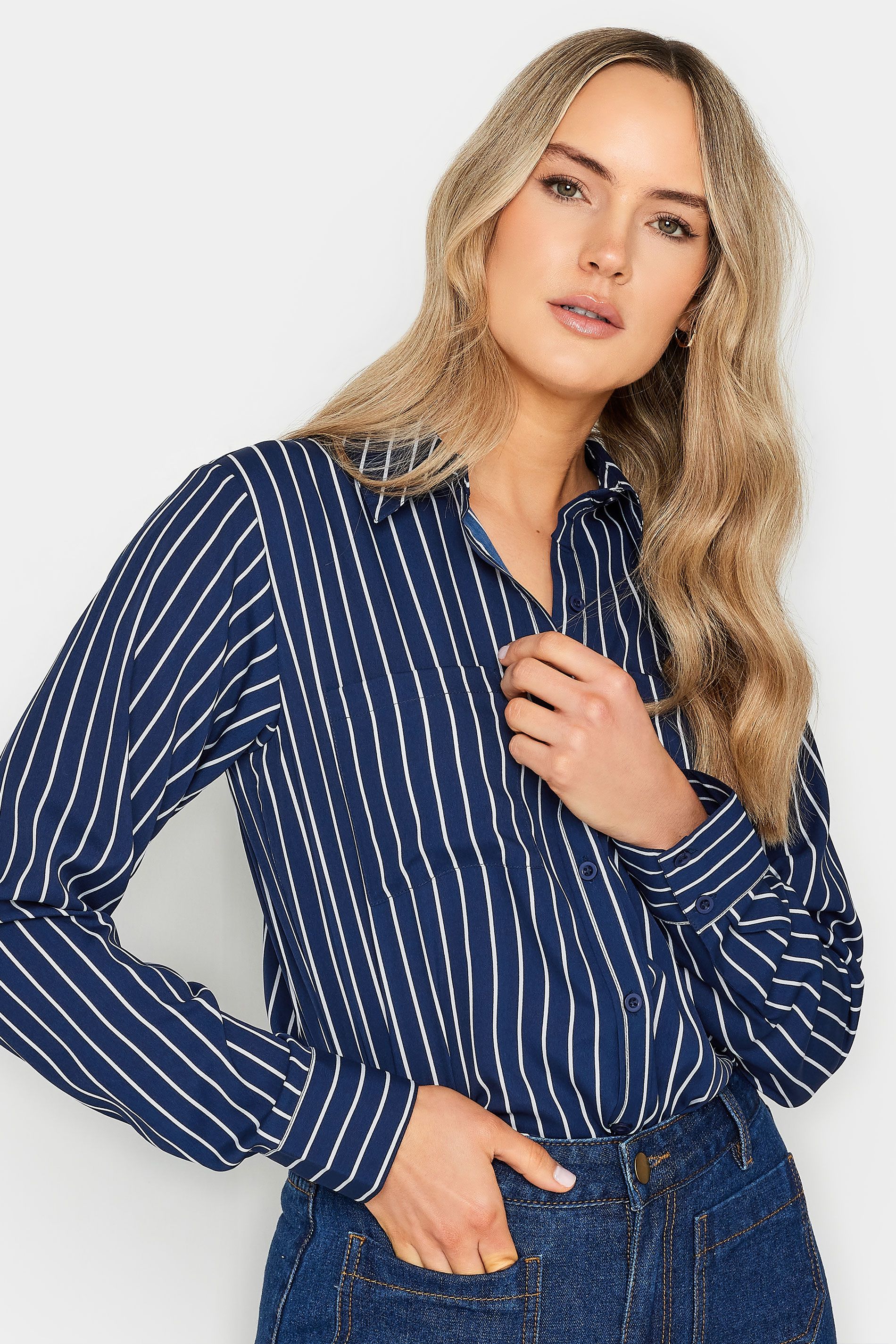 LTS Tall Navy Blue Stripe Longline Shirt | Long Tall Sally
